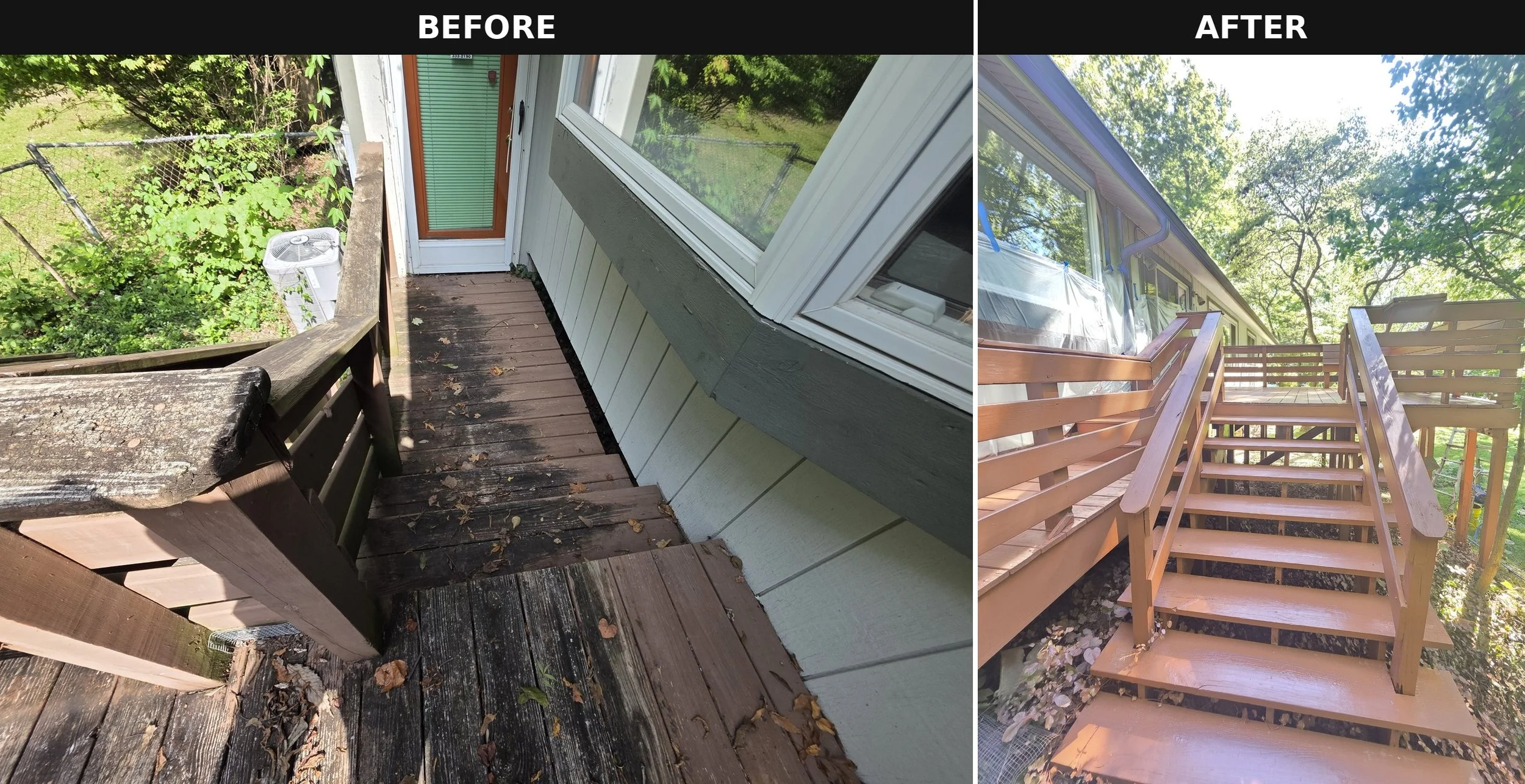 Deck wood staining close-up before and after — Bloomington, IN