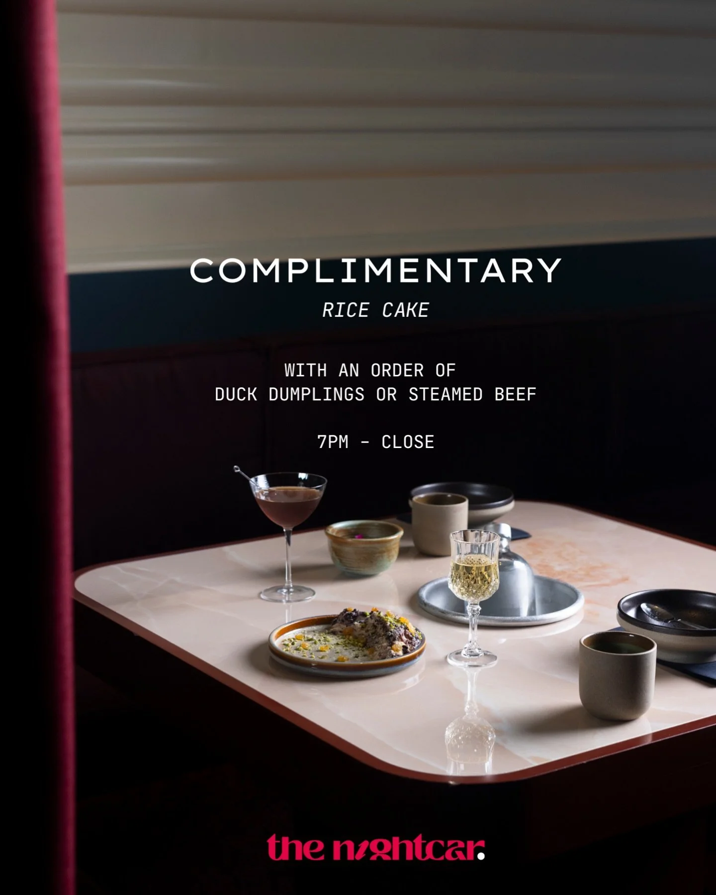 A little something on us. Enjoy a complimentary rice cake when you order Duck Dumplings or Steamed Beef. From 7pm till close.