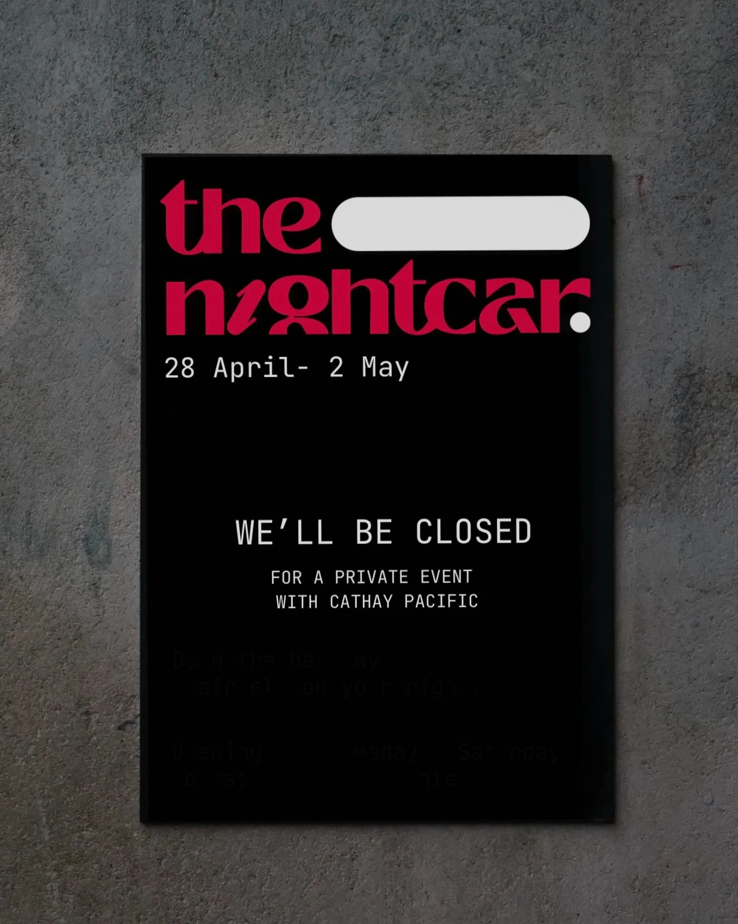 We&rsquo;ll be closed from 28 April to 2 May as we host an exclusive Cathay Pacific event.
 
A Plane Food Dining Experience In partnership with The Nightcar 

We&rsquo;ll be back open and ready to welcome you again from 5 May. See you soon 🍸