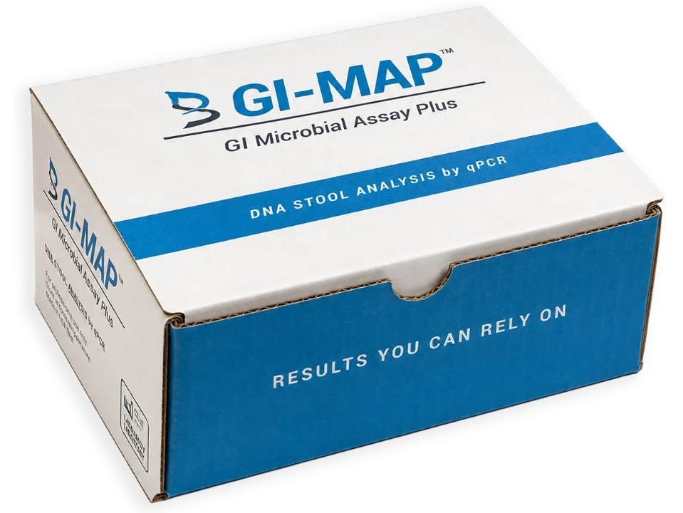 A box of GI-MAP, a DNA stool analysis kit for microbiome testing, showing the branding and description on a blue and white package.