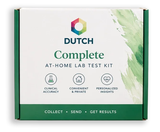 Box labeled 'Dutch Complete at-home lab test kit' with icons and text indicating clinical accuracy, privacy, personalized insights, and instructions to collect, send, and get results.