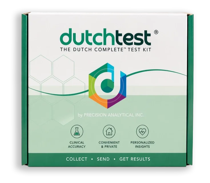 Box of Dutch Test kit by Precision Analytical Inc. with text highlighting clinical accuracy, privacy, personalized insights, and instructions to collect, send, and get results.