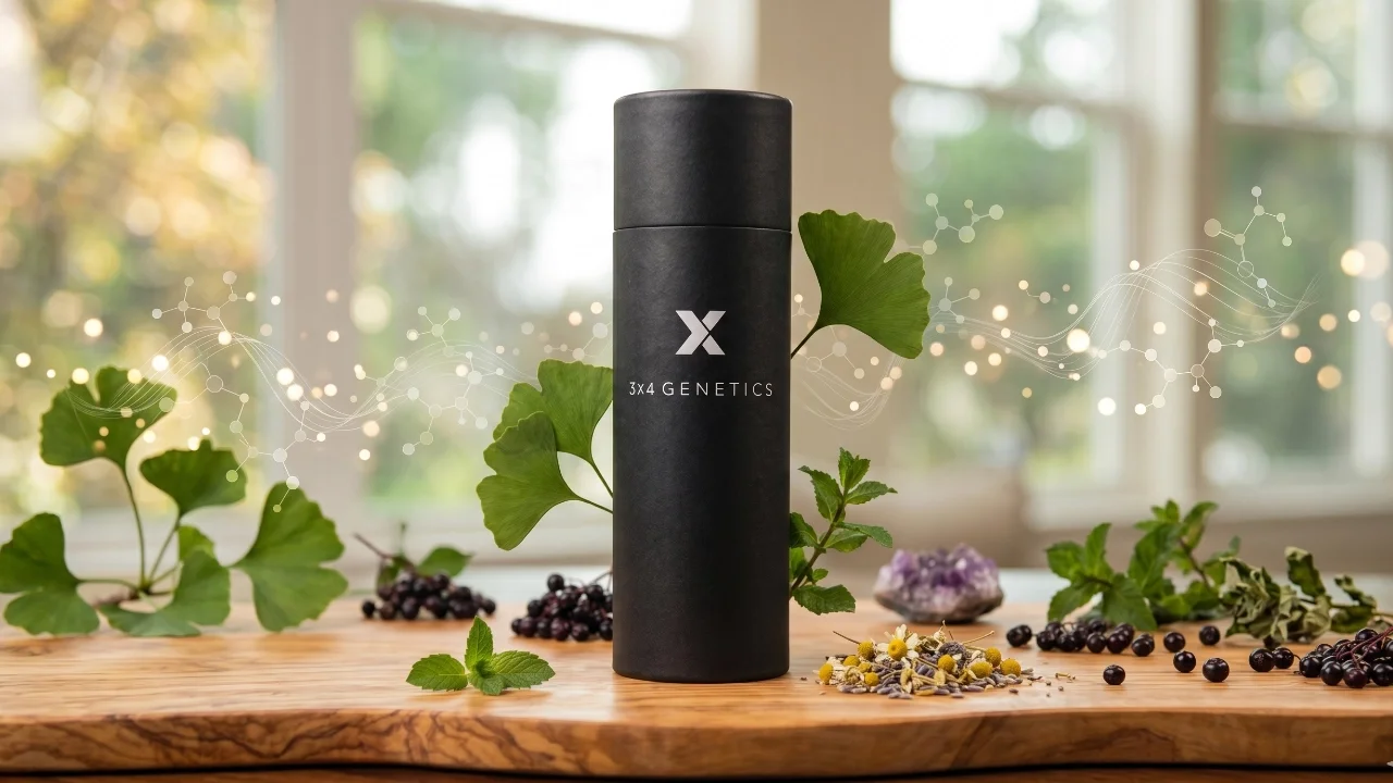 A black cylindrical container labeled '3X4 GENETICS' on a wooden table, surrounded by green leaves, berries, herbs, and crystals with a blurry window background.