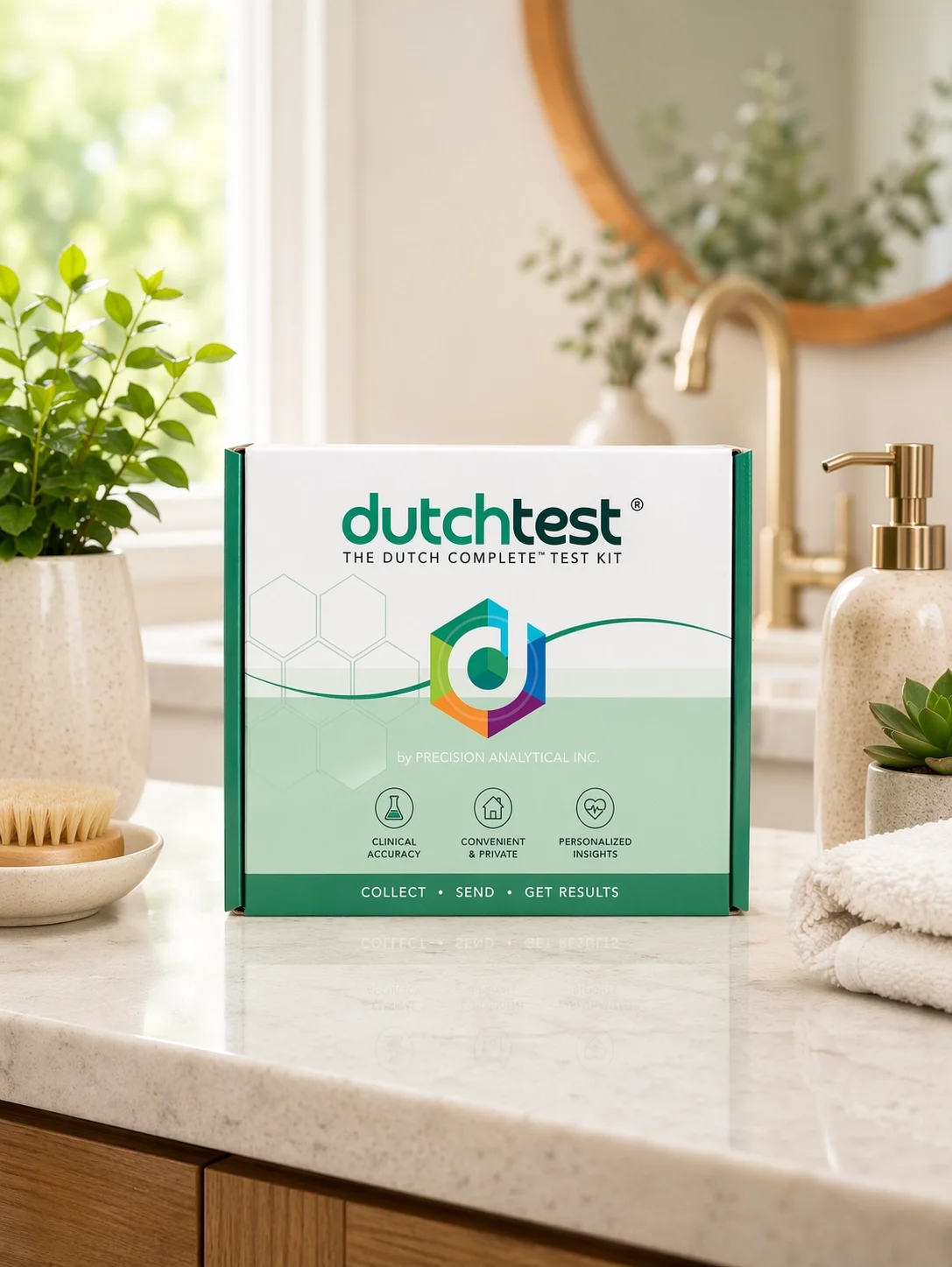 A Dutch Test kit box on a bathroom countertop, surrounded by a potted plant, a soap dispenser, a towel, and a mirror in the background.