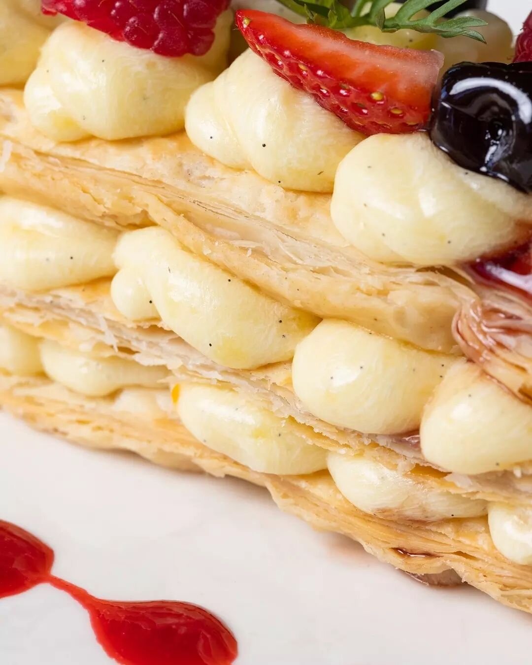 Millefoglie... a layered delight! 

Mille-feuille, diplomatic cream, amarena cherries and raspberry coulis.