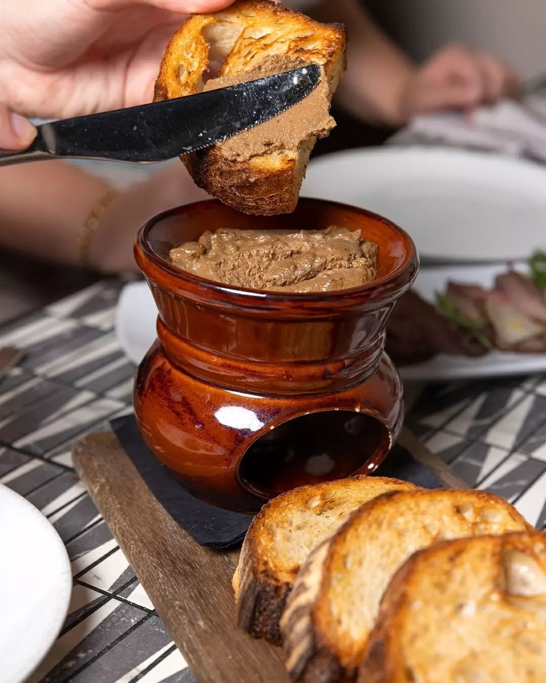 Our traditional Tuscan chicken liver p&acirc;t&eacute; is served warm. Spread generously over toasted bread.