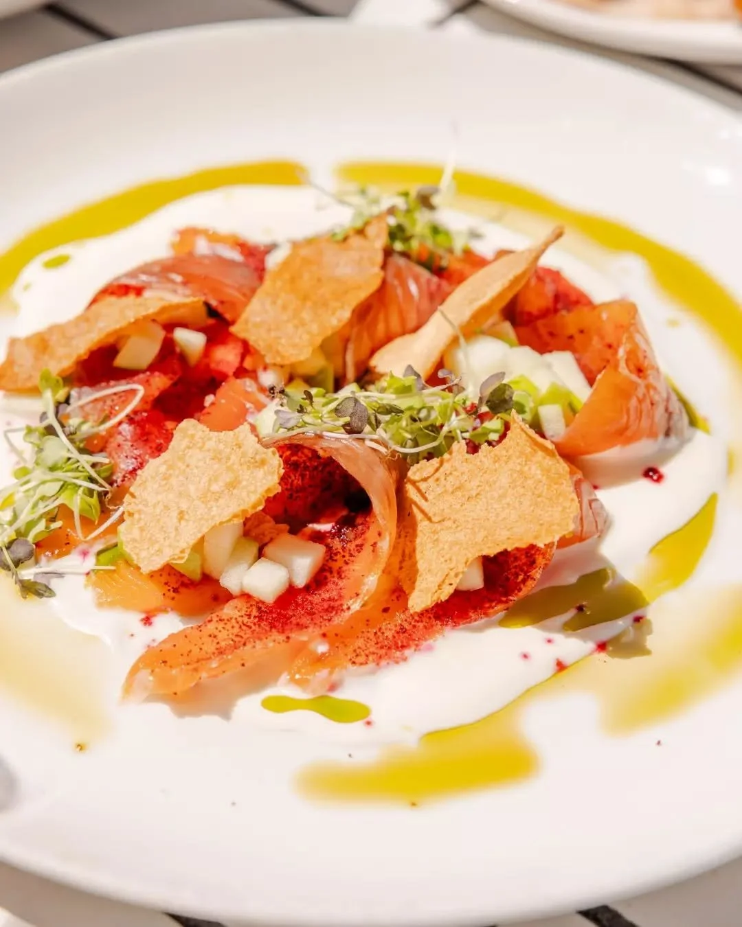 Crudo di Pesce 🐟&nbsp;Beetroot-cured salmon, lemon curd, basil oil and crisp apple. Perfetto!