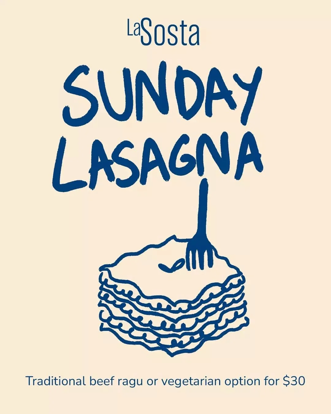 The perfect way to finish the week!

Join us upstairs at La Sosta for your new Sunday ritual!
Choose between traditional beef ragu or vegetable lasagna, layered with silky b&eacute;chamel, mozzarella cheese and served with a fresh green salad. 

Ever