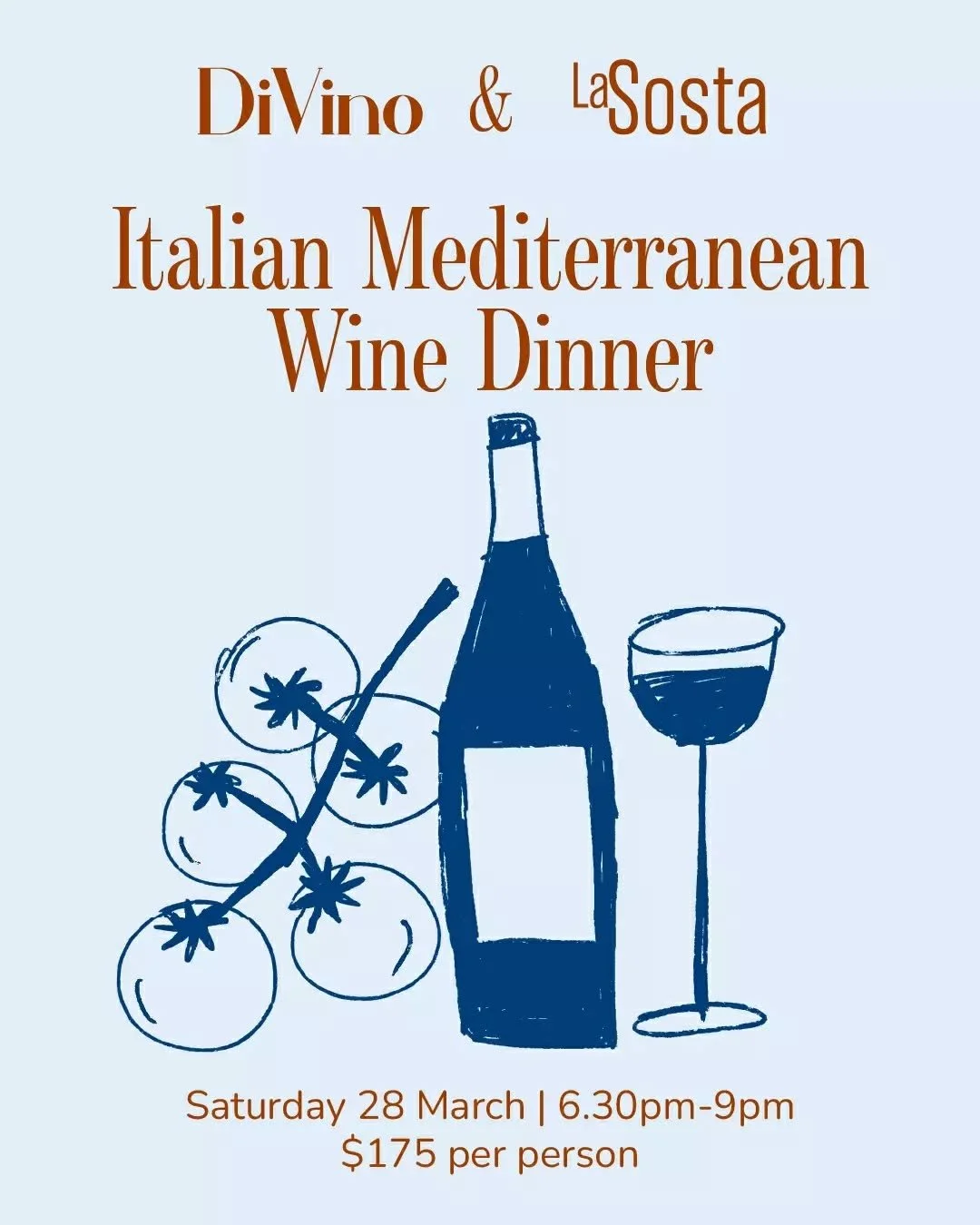 AN EVENING OF VINO &amp; VIVERE 🍷

Join us and @divinocomau  for a night where vino flows and vita comes alive! 
Experience the vibrant spirit of the Mediterranean through five unforgettable courses, each paired with 8 wines from the sun-drenched vi