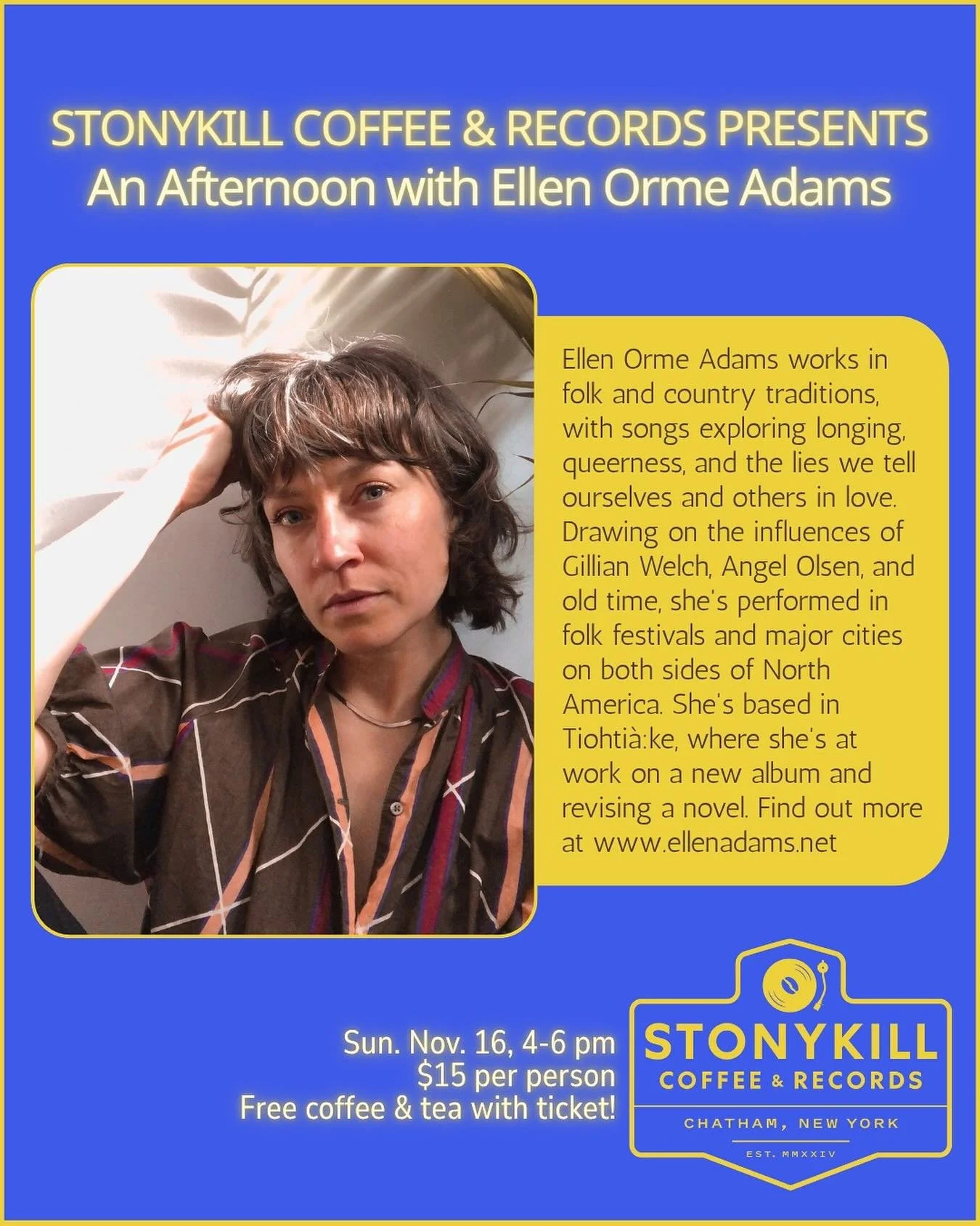 Great show coming to Stonykill Sunday, Nov. 16 4-6pm
@ellenadams brings some ace folkie sounds through deep songcraft and and relatable storytelling.
$15 a person, reserve a spot on our website
See you then!