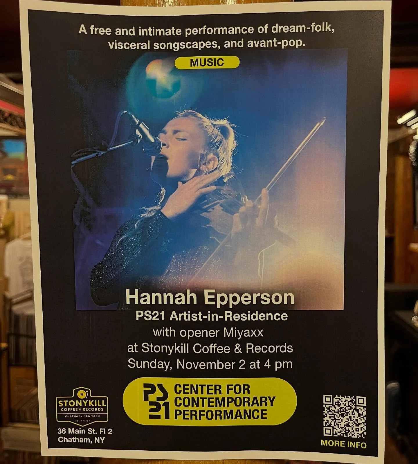 This Sunday, Nov. 2 at 4 pm there’s a very special performance at Stonykill in collaboration with @ps21chatham ! 
@hannahbbepperson plays with opening set by @miyaxx___ 
You gotta reserve your ticket on PS21’s website! 
It will be a ra