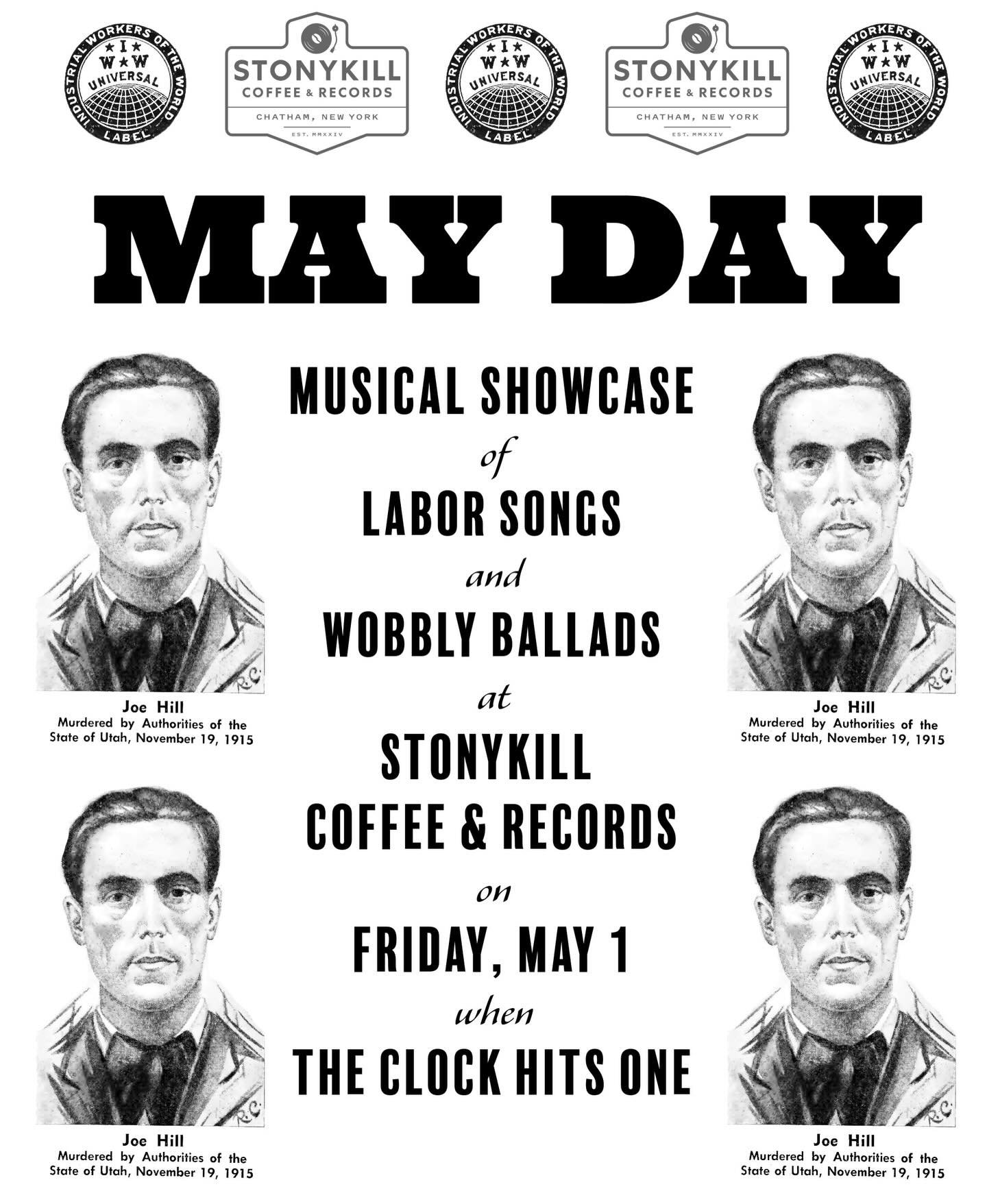 Come sing some labor songs to celebrate international workers&rsquo; day on Friday, May 1! 
Single-mic set-up, old fashioned coffee shop feel. Coffee, records, etc.
Friday, May 1 1pm!