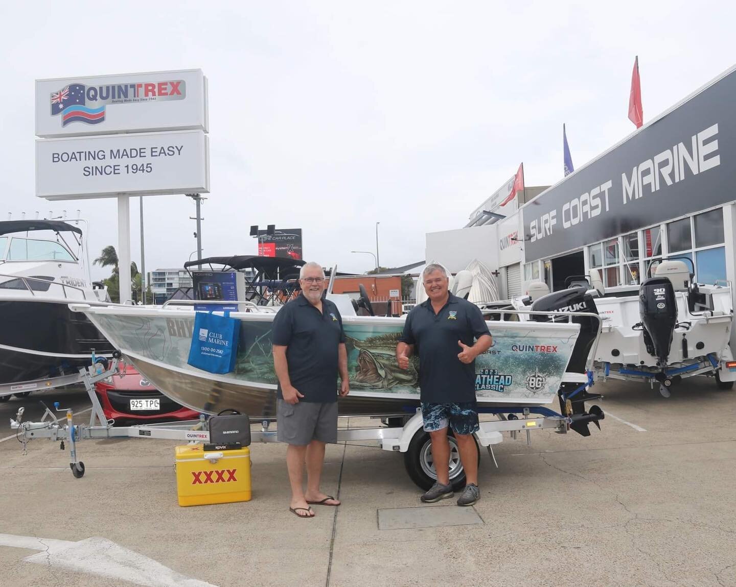 How good is this! Another big congratulations to George Sands, the winner of the 2023 Gold Coast Flathead Classic Ultimate Give away winning the @quintrexboating 420 Renegade SC, Powered by the DF50 from @suzukiaustraliamarine. Wrap by @bonzagraphics