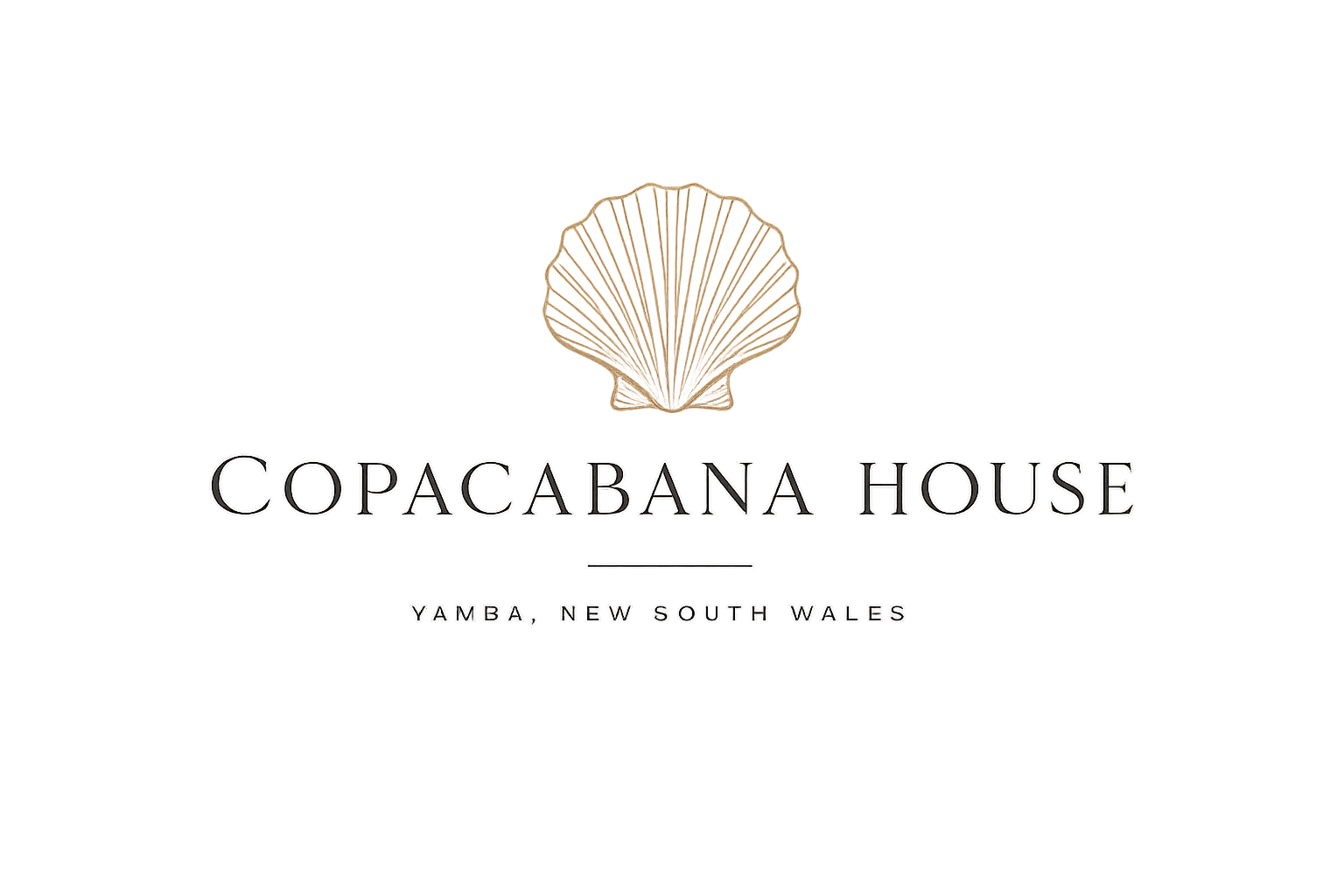 Logo for Copacabana House, featuring a gold shell icon above the text 'Copacabana House' and 'Yamba, New South Wales' on a black background.
