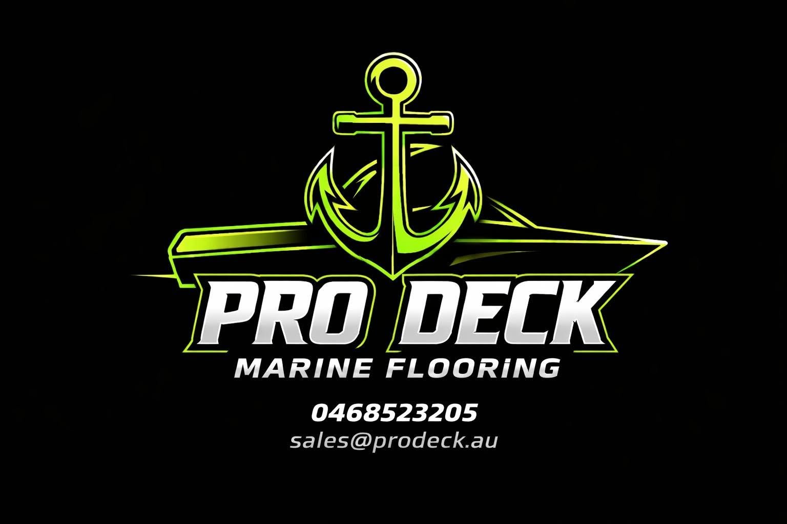 Graphic logo for Pro Deck Marine Flooring featuring a green anchor and a stylized ship deck with contact information.