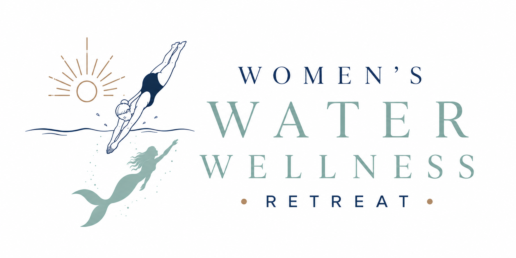 Logo for Women's Water Wellness Retreat featuring a mermaid and a woman diving into water with a sun in the background.