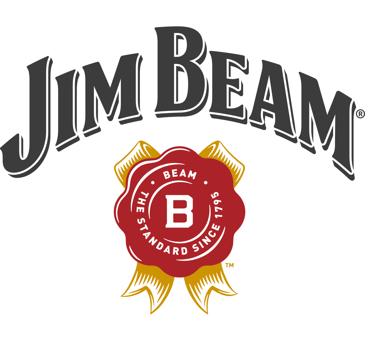 Jim Beam logo featuring a black and gray text with a red seal that says 'The Standard Since 1795'.