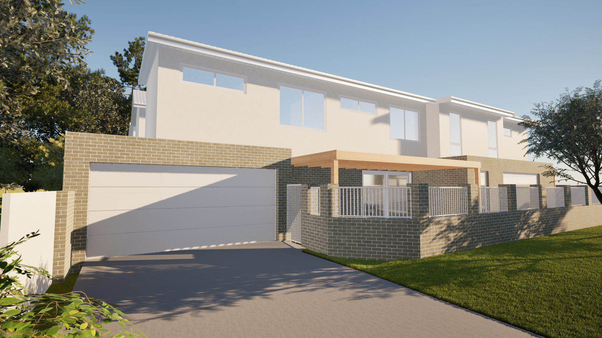 A modern townhouse with a brick and white exterior, a garage door, and a small front porch with a wooden canopy, green lawn, and trees in the background.