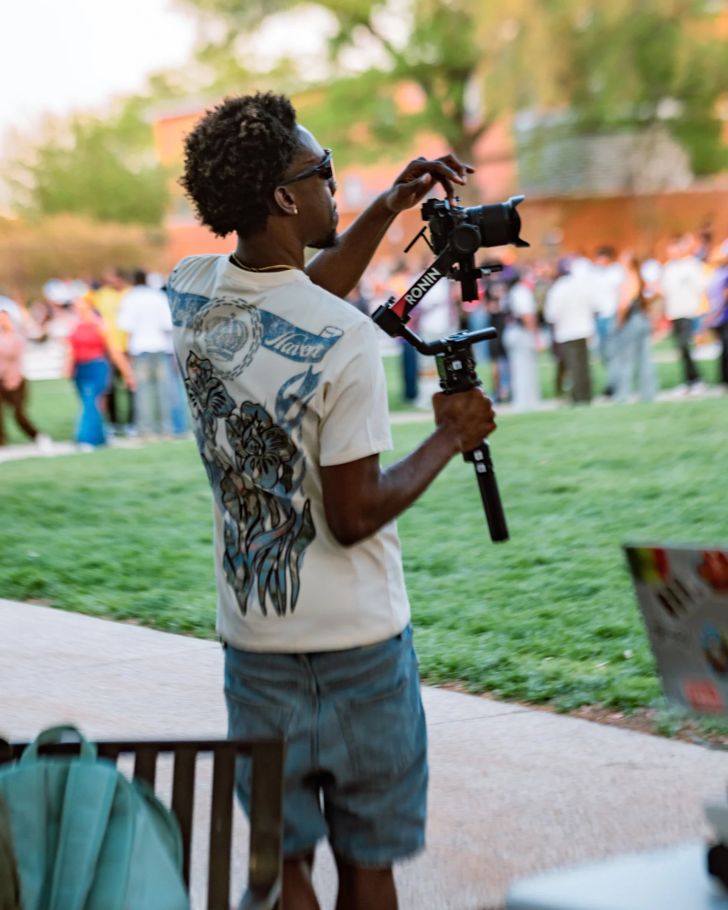 Gabriel Moore on set, gimbal in hand