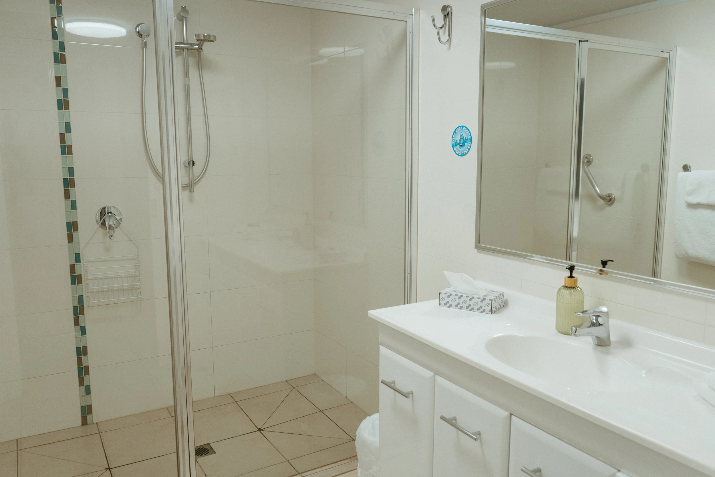 Lake Mulwala Yarrawonga - Bathroom with shower stall, sink, mirror, tissue box, soap dispenser, and towel