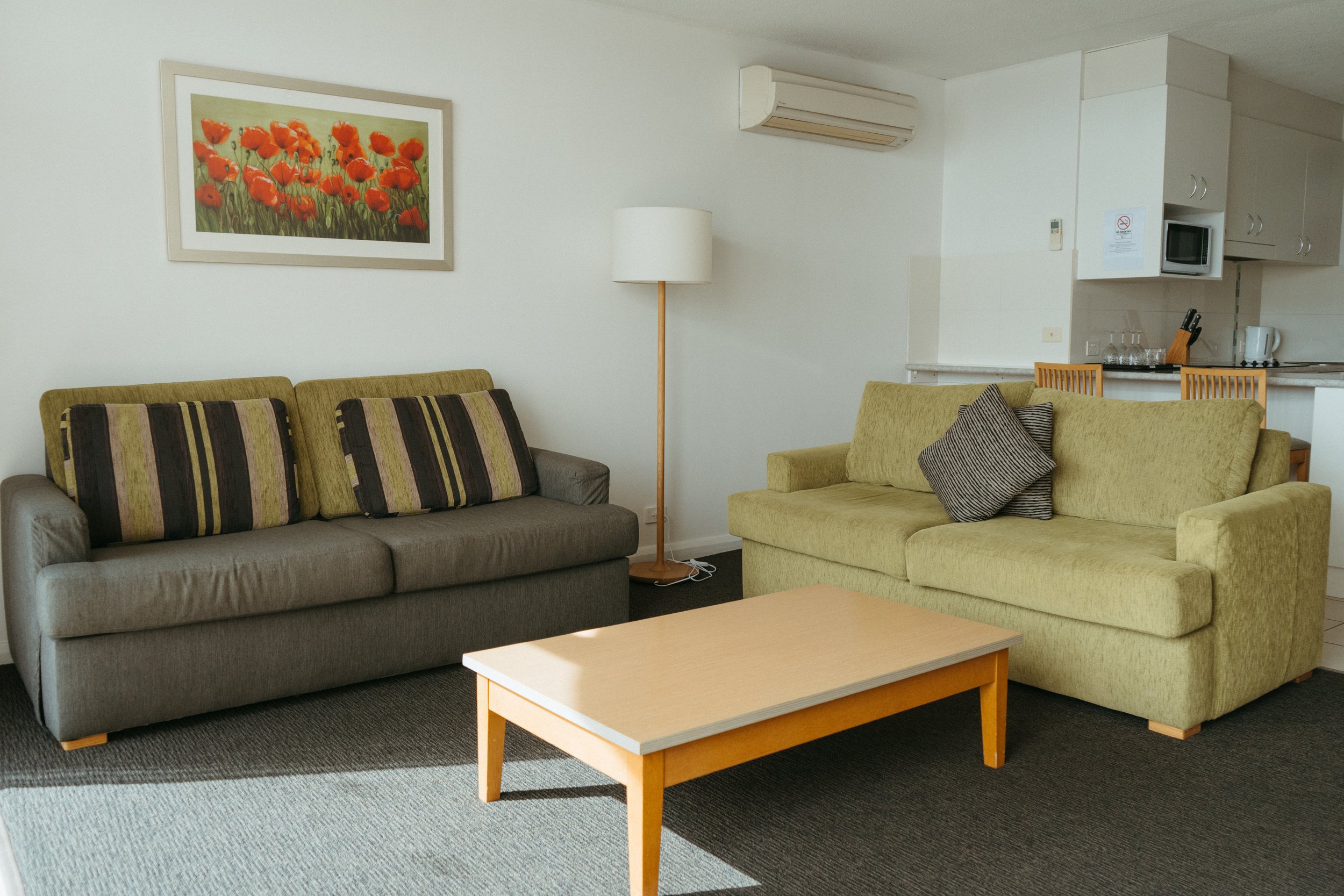 Lake Mulwala Yarrawonga - Living room with two sofas, a wooden coffee table, a lamp, a framed painting of poppies, and an air conditioning unit on the wall.