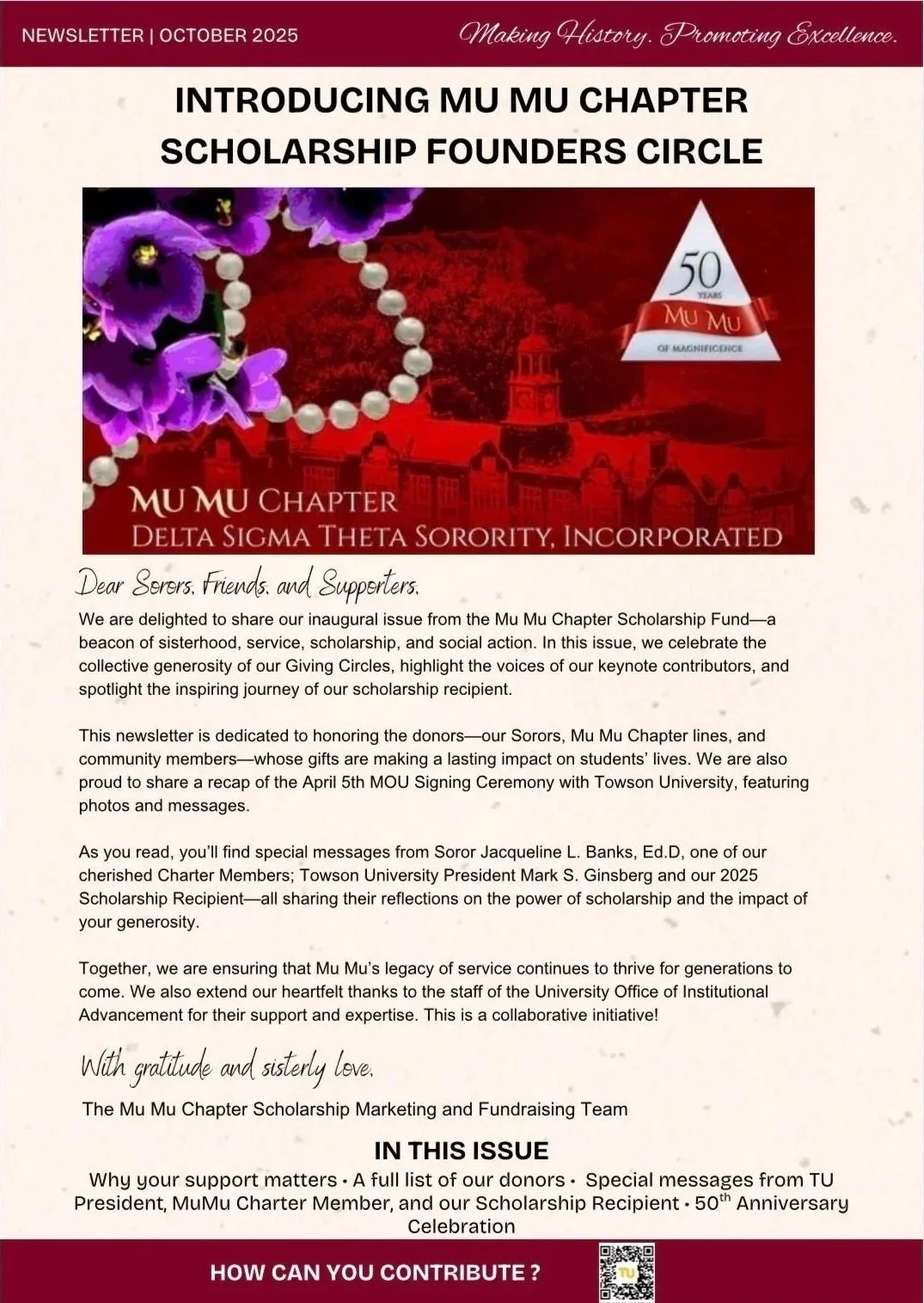 Newsletter for the Mu Mu Chapter of Delta Sigma Theta Sorority, Inc., announcing the Scholarship Founders Circle and celebrating 50 years of the organization, with images of flowers and pearls.