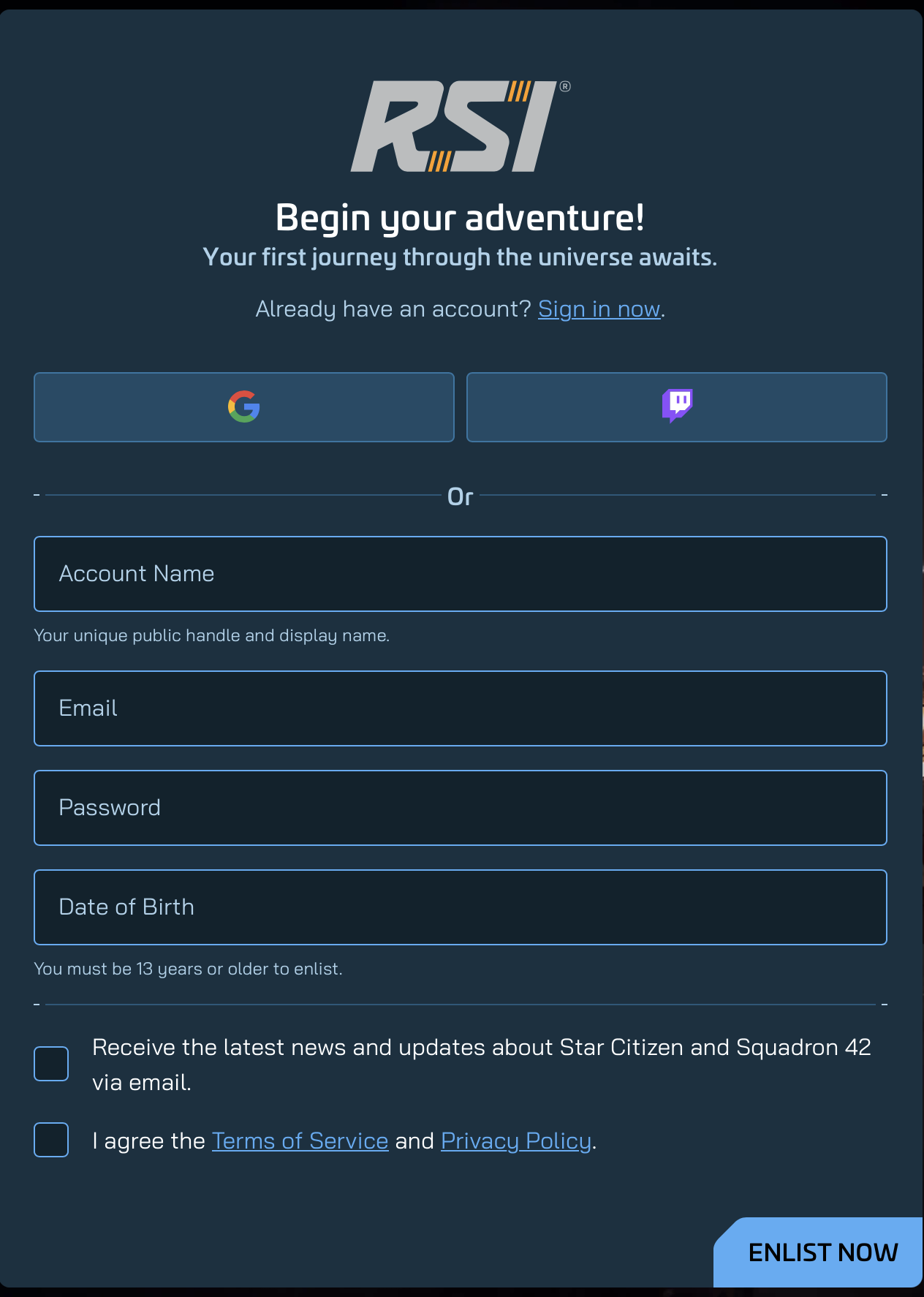Star Citizen account creation form