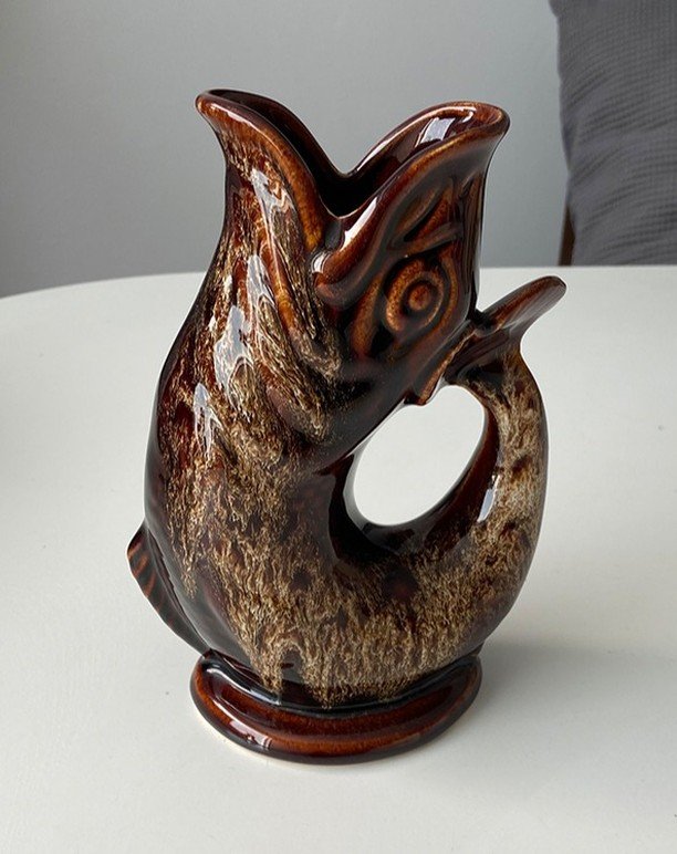 Gone fishing!
&bull;
Have you ever heard of a 'gluggle jug'?
Yukari's recent trip to the weekend vintage market has resulted in some amazing finds, including this mid century fish jug, also known as a 'gluggle' or 'glug glug' jug thanks to the noise 