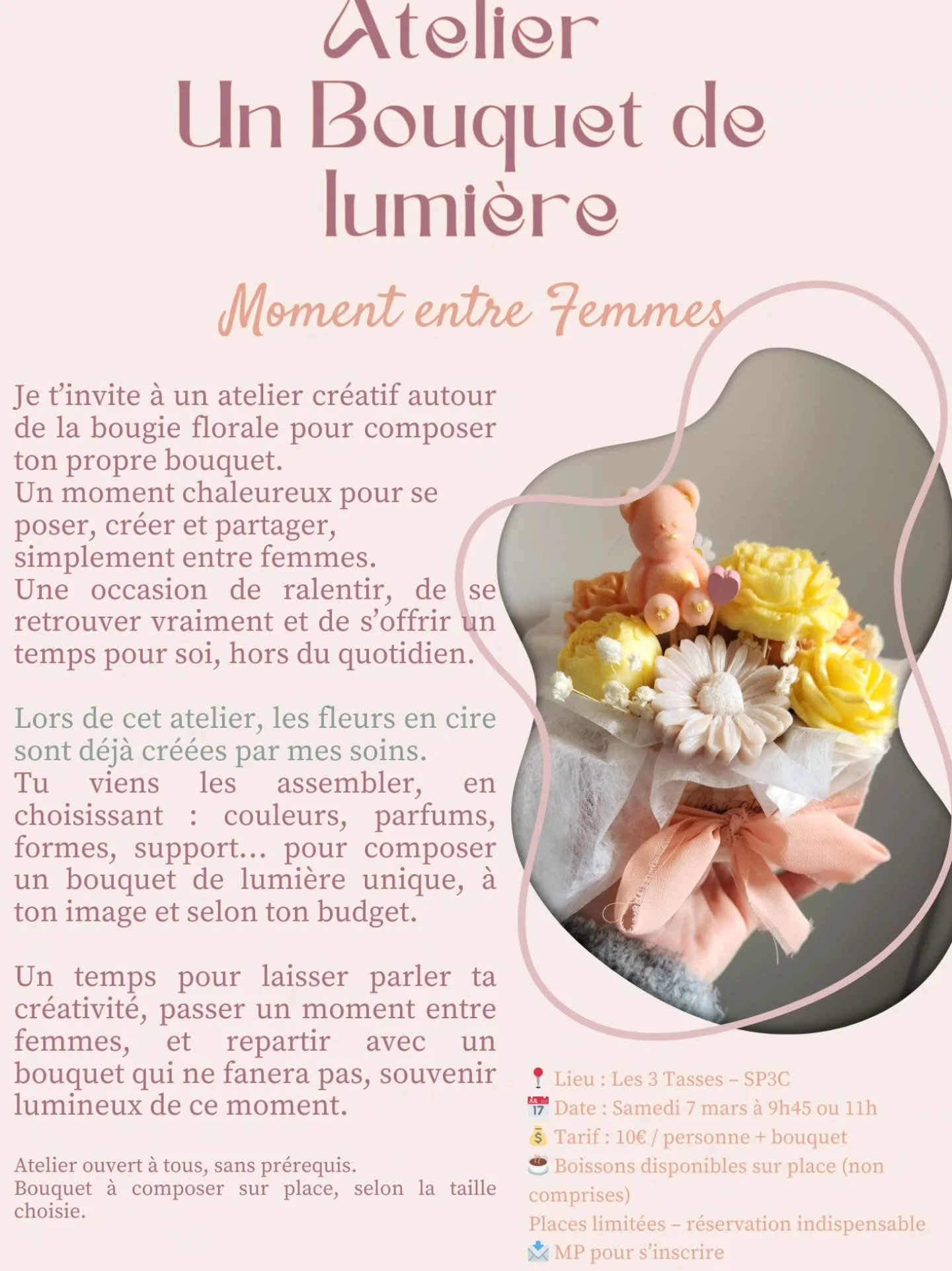 Un moment entre femmes pour ralentir.
Pour se reconnecter &agrave; soi. Pour s&rsquo;exprimer autrement que par les mots, &agrave; travers les fleurs, les couleurs, les mati&egrave;res et les parfums.

Cet atelier est une invitation &agrave; honorer 
