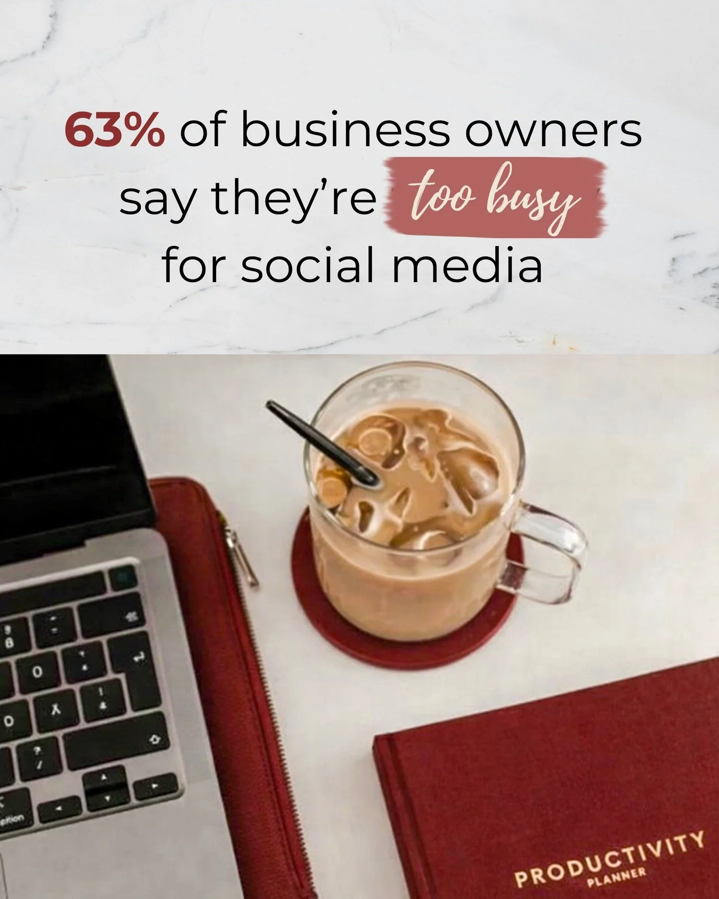 Most business owners don&rsquo;t have a social media problem&hellip;

They have a time problem.

🕰️ 63% of business owners say they&rsquo;re too busy for social media. 

And honestly? I get it.
You&rsquo;re running a business. Wearing multiple hats.