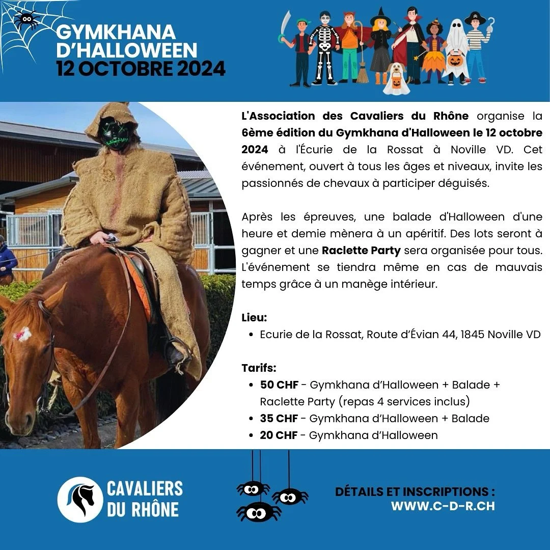 🎃 Rejoins-nous pour la 6&egrave;me &eacute;dition du Gymkhana d&rsquo;Halloween le 12 octobre 2024! 🐴

Cet &eacute;v&eacute;nement est ouvert &agrave; tous, quel que soit ton &acirc;ge ou ton niveau, alors pr&eacute;pare ton plus beau d&eacute;guis