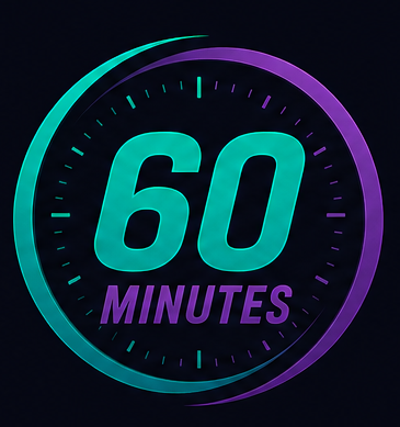 Neon sign displaying a timer showing 60 minutes with an arrow circling clockwise.