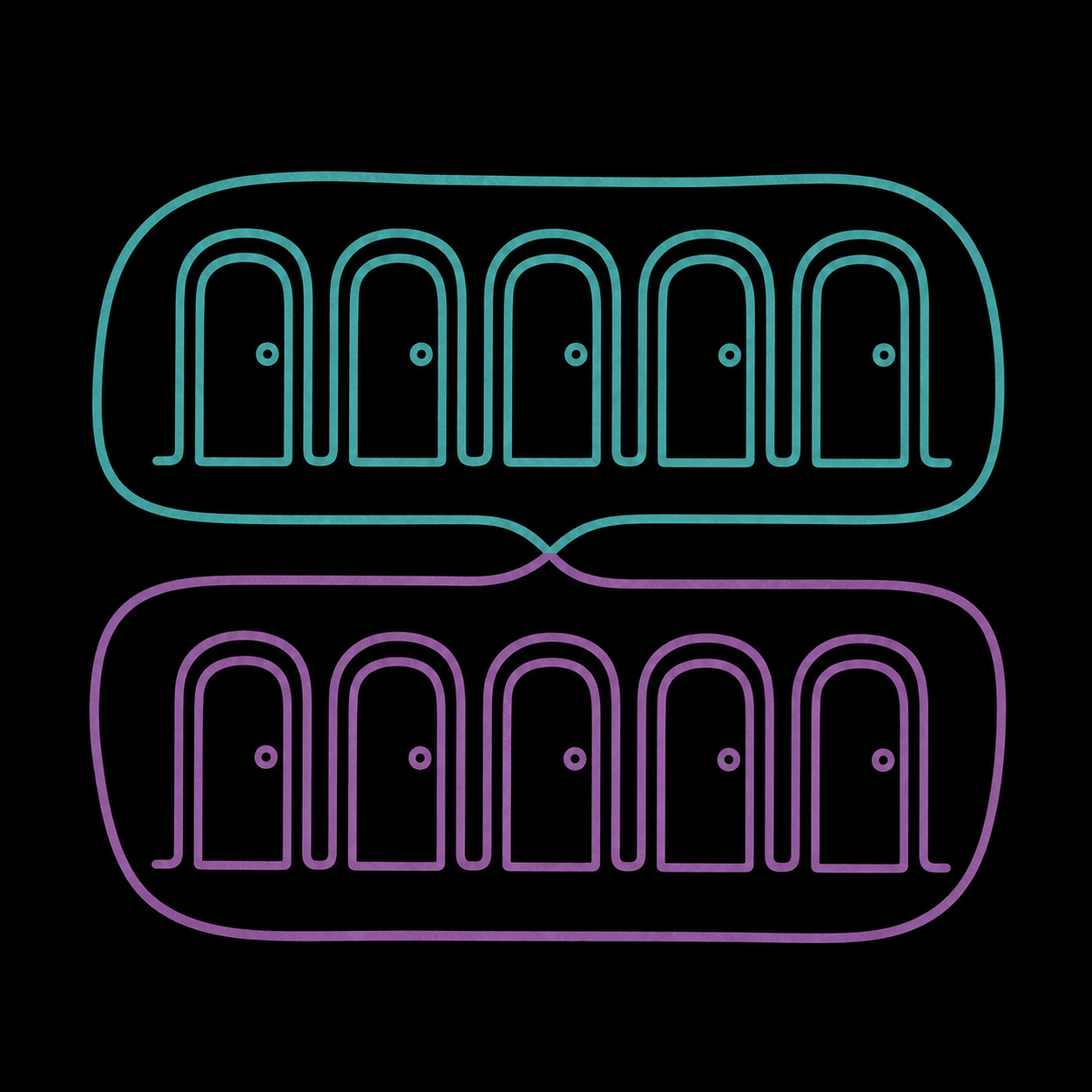 Neon line art illustration of fireworks exploding, with star-shaped and circular bursts on a black background.