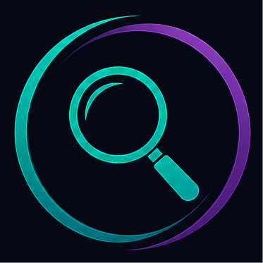 A magnifying glass icon with an eye inside it, symbolizing scrutiny or observation, in orange on a black background.
