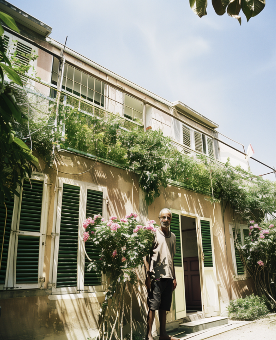 Un homme se tient devant une maison avec des volets verts, entourée de fleurs roses et d'abondance de verdure, sous un ciel ensoleillé.
