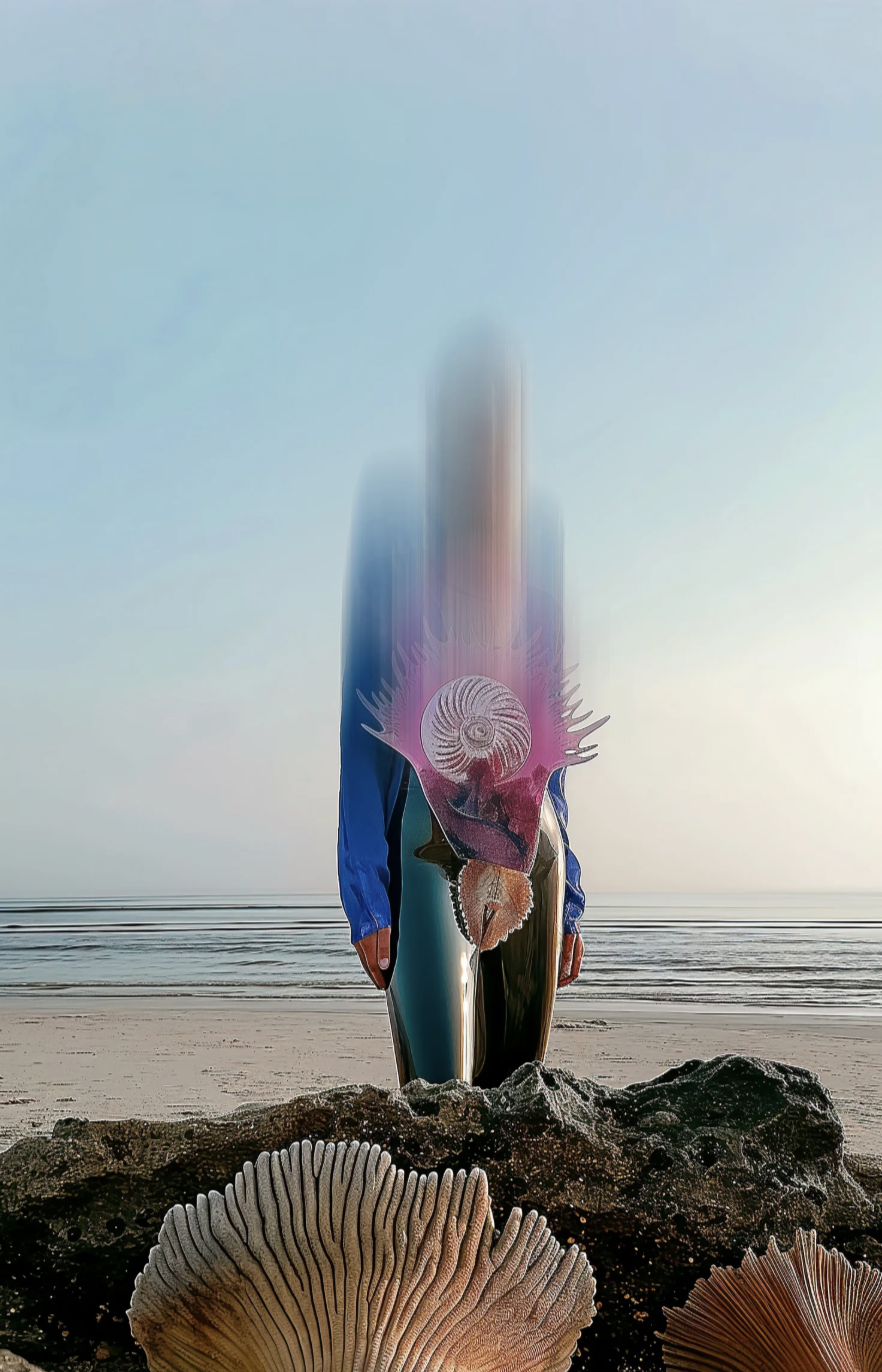 Person debout sur la plage avec un fond d'océan et un ciel clair, portant un masque arborant un motif de coquillage et des éléments marins, entourée de rochers et de champignons de mer.
