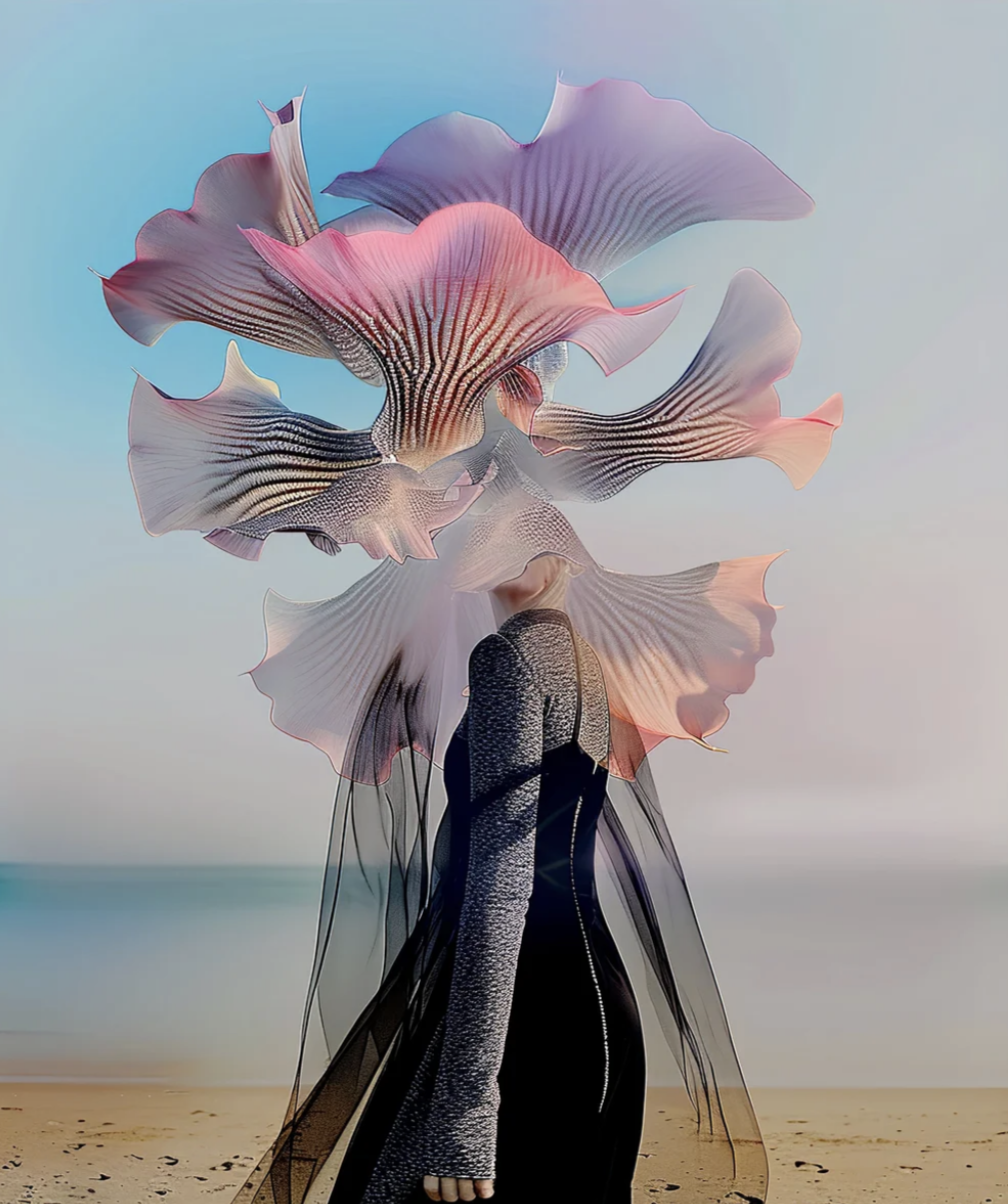 Une personne portant une robe noire avec un vêtement en dentelle transparente, avec une tête remplacée par une œuvre d'art fluide et colorée ressemblant à des fleurs ou des vagues, en forme de grandes fleurs aux couleurs pastel et à rayures, sur une 
