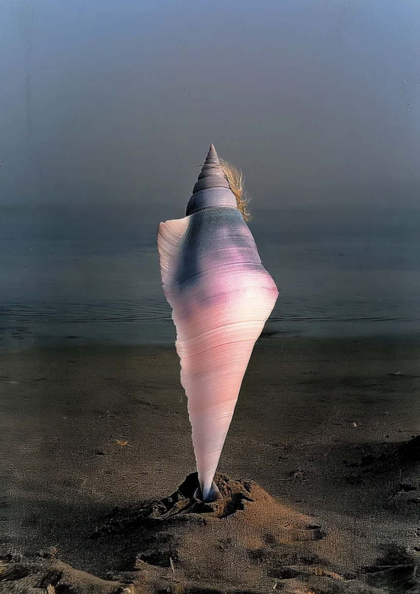 Coquillage conique sur la plage avec la mer en arrière-plan.