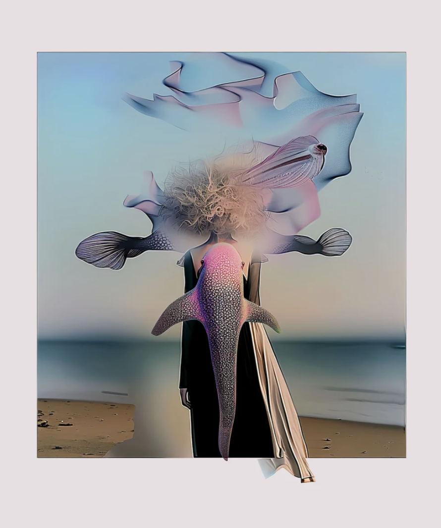 Un collage surréaliste représentant une personne avec une tête composée de poissons et de formes fluides, sur une plage au coucher du soleil.