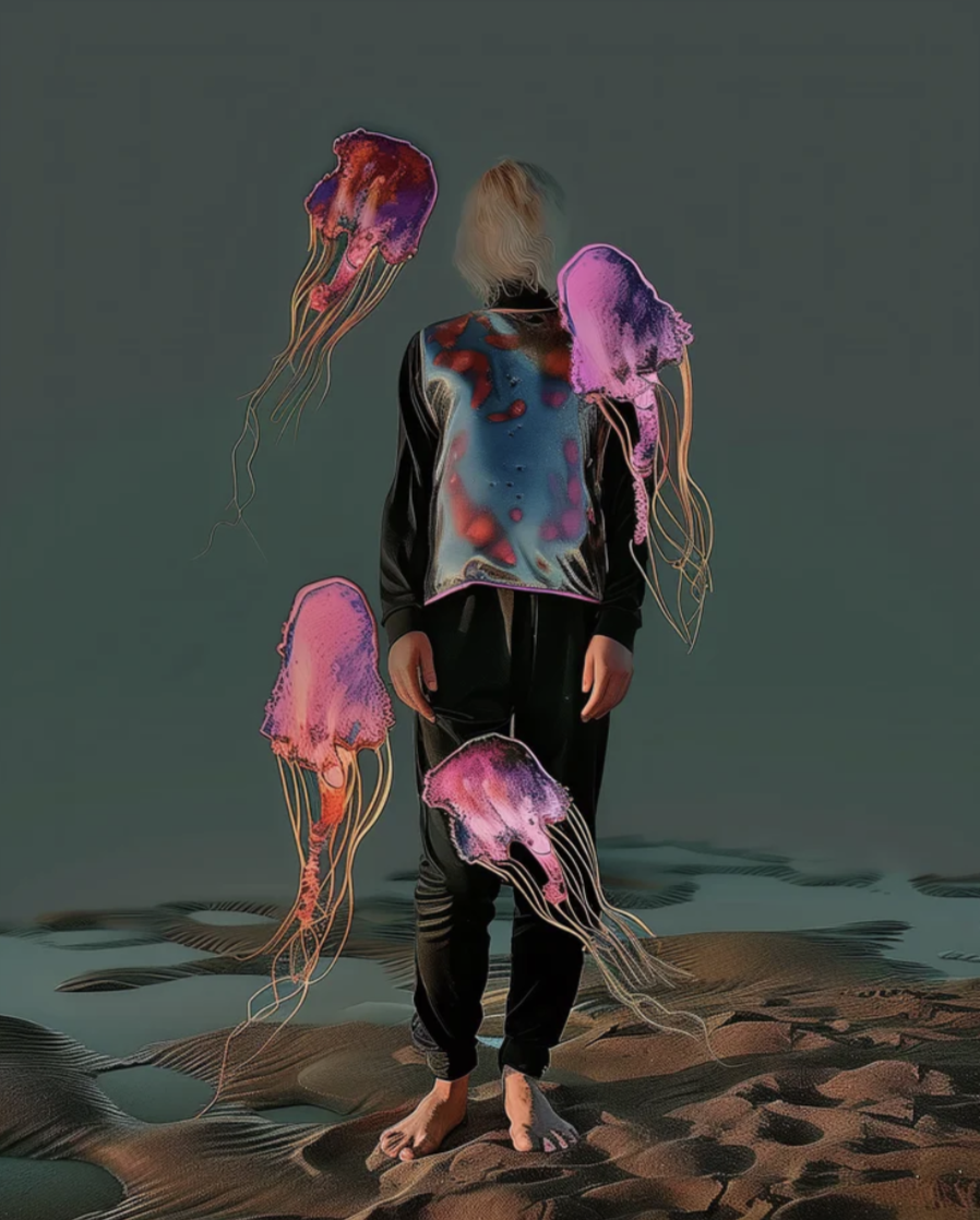 Une personne debout sur une plage, entourée de méduses fluorescentes, avec des effets artistiques numériques.
