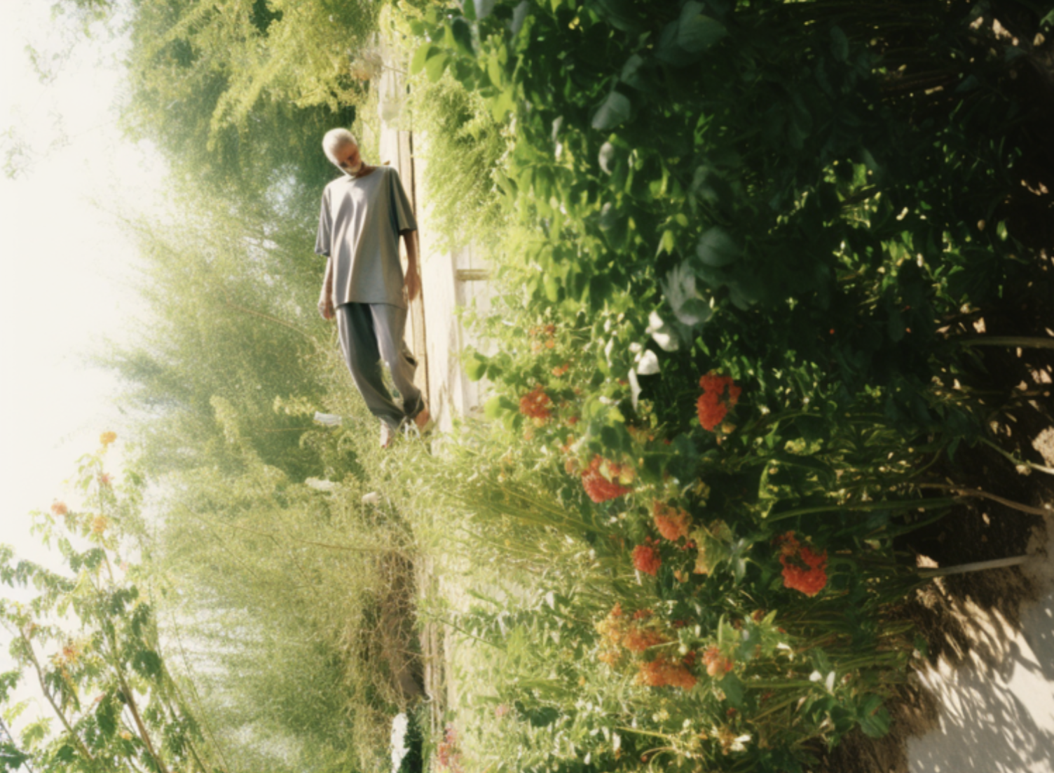 Une personne âgée marche dans un jardin ensoleillé avec des plantes vertes et des fleurs orange-en rouge.