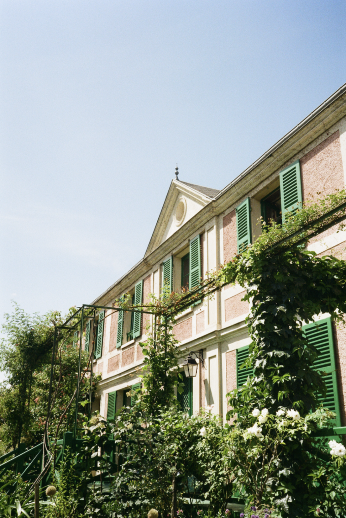 Appartement ancien avec volets verts, entouré de plantes et de fleurs, sous un ciel bleu.
