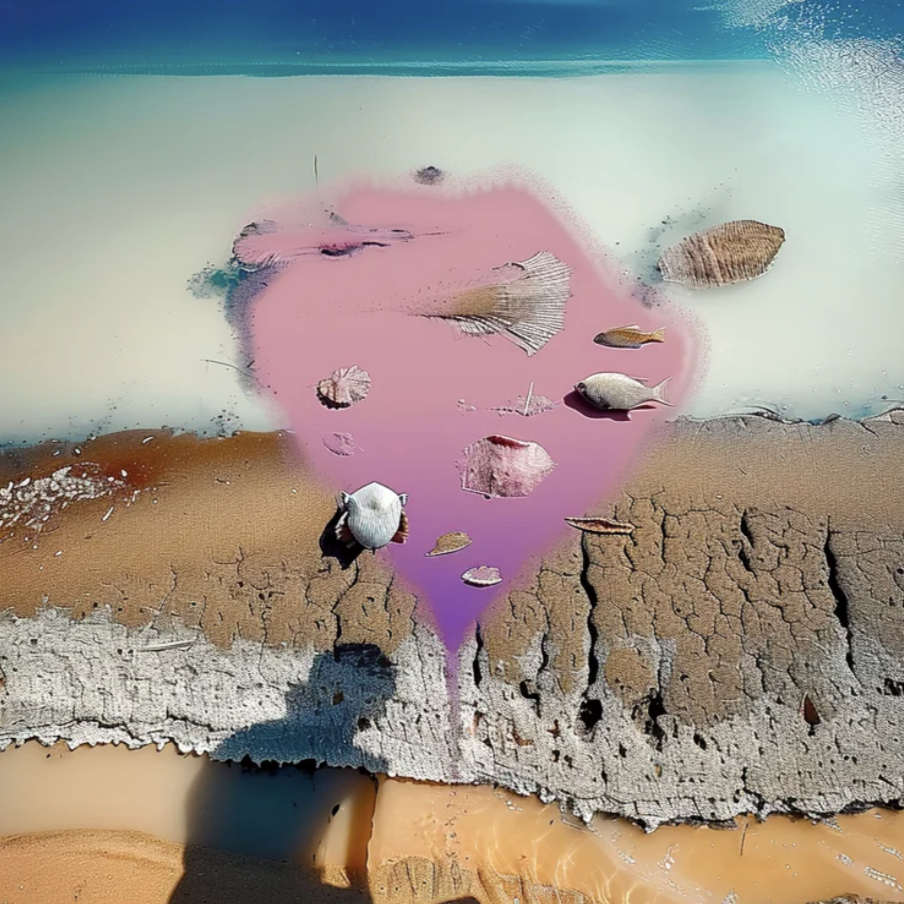 Poisson sur une plage avec une mare d'eau colorée en rose et des morceaux de bois flotté