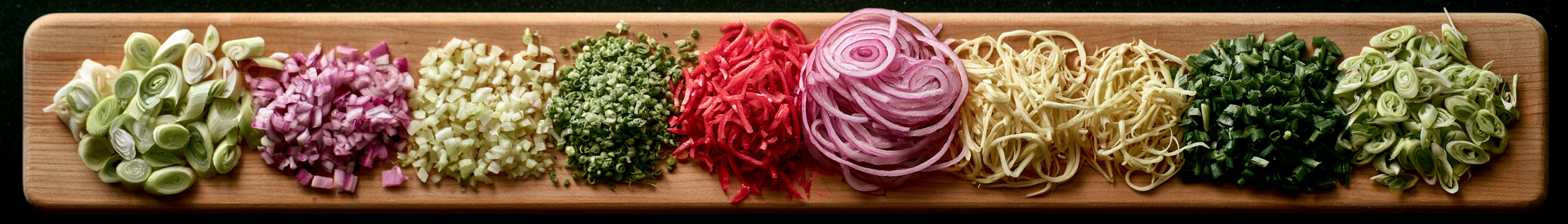 Different onion cuts arranged side by side, including sliced, diced and chopped onions.
