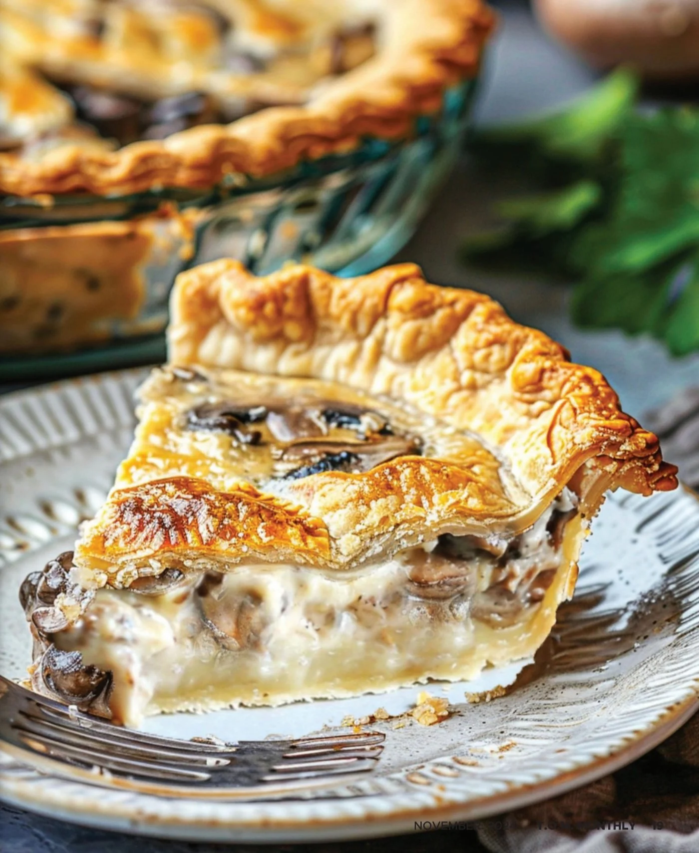 Slice of Hough’s Mushroom Pie with creamy mushroom filling and flaky golden crust