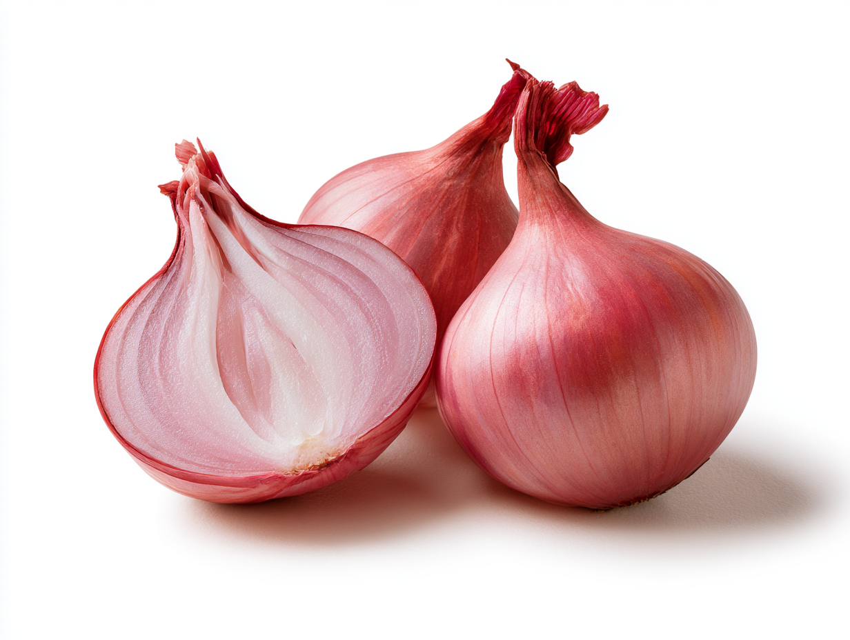 Whole and halved shallots showing copper-colored skin and layered interior.