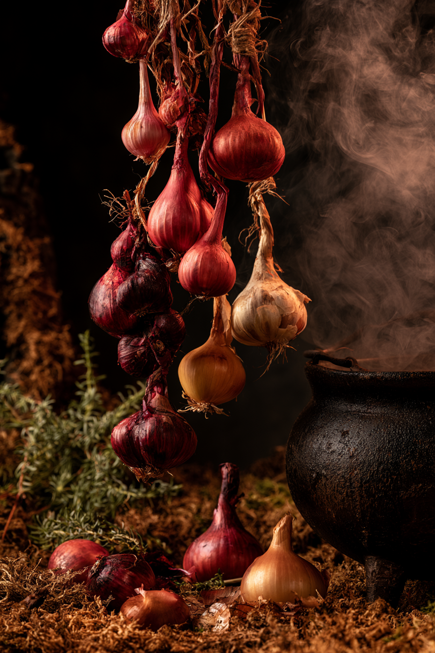 Bundles of onions hanging in a rustic setting, illustrating traditional onion folklore.