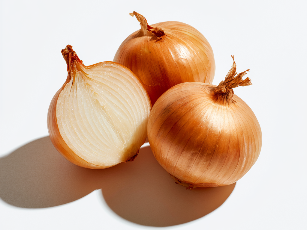 Whole and halved yellow onions showing golden-brown skin and white interior.