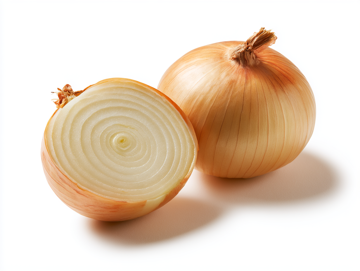 Whole and halved sweet onions showing golden skin and pale interior.