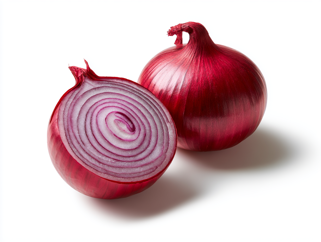 Whole and halved red onions showing purple-red skin and layered interior.